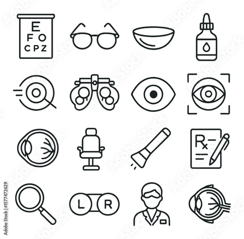 Optometrist icons collection, eye care symbols. vision test and medical tools set