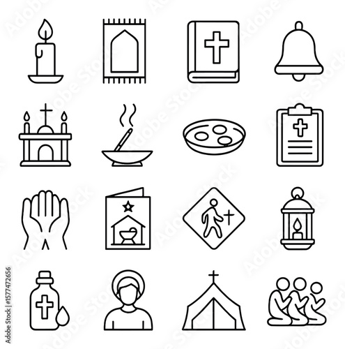 Religious icon collection, faith and worship symbols. spiritual and church set