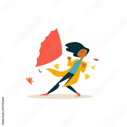 Vector Windy Day Girl in Coat and Autumn Leaves