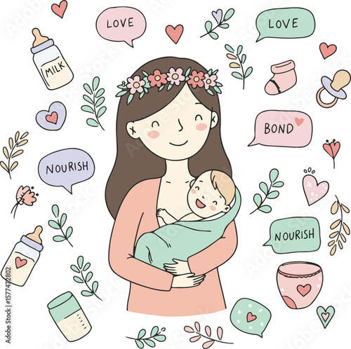Cartoon Mother and Baby Sweet Bond for Breastfeeding Week. 