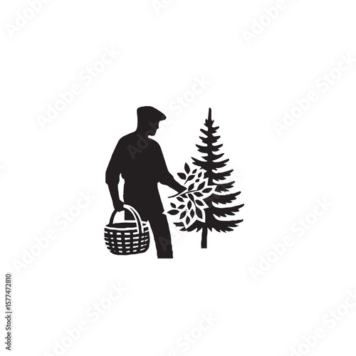 Forest Forager with Basket Silhouette on White Background – Vector Illustration for Wild Harvesting, Nature Exploration, and Survival Themes