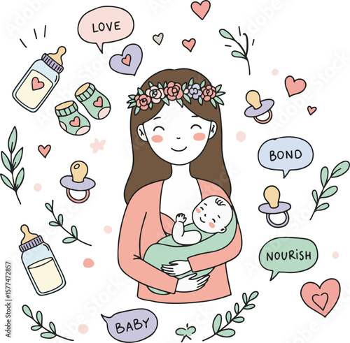 Cartoon Mother and Baby Sweet Bond for Breastfeeding Week. 