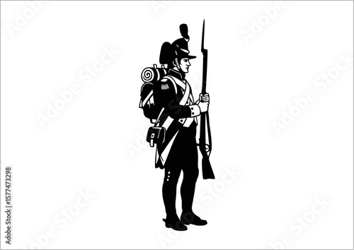 Silhouette of French soldier from 1789 with musket, black vector SVG on white background, symbol of Bastille Day uprising and revolution, historic independence icon in minimal line art
