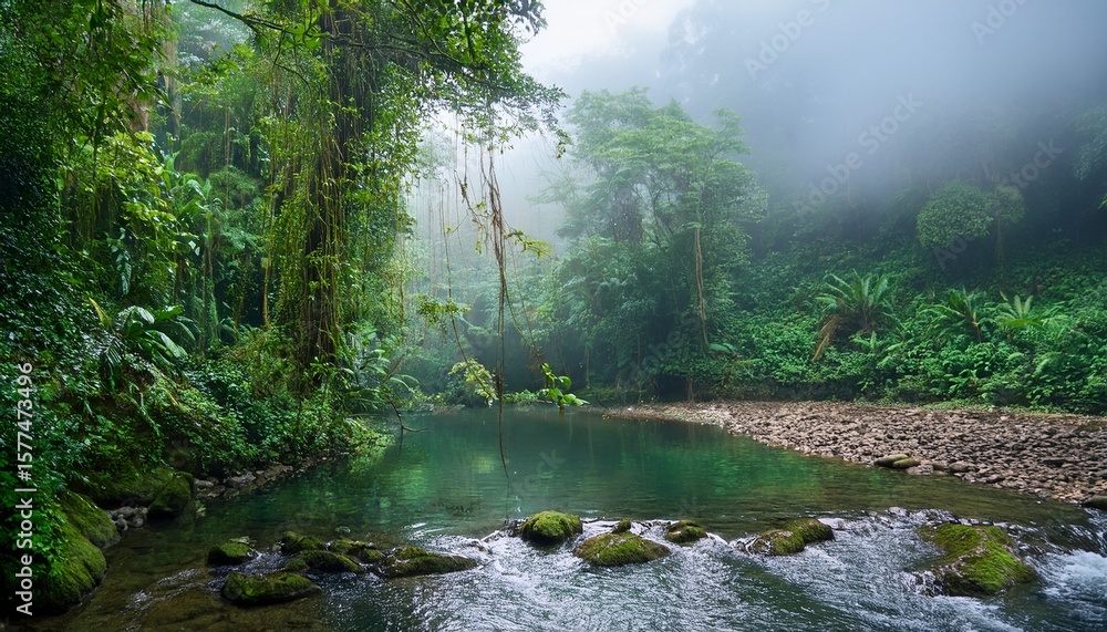 Fototapeta premium high end photography of a misty rainforest with dense foliage hanging vines and a tranquil river