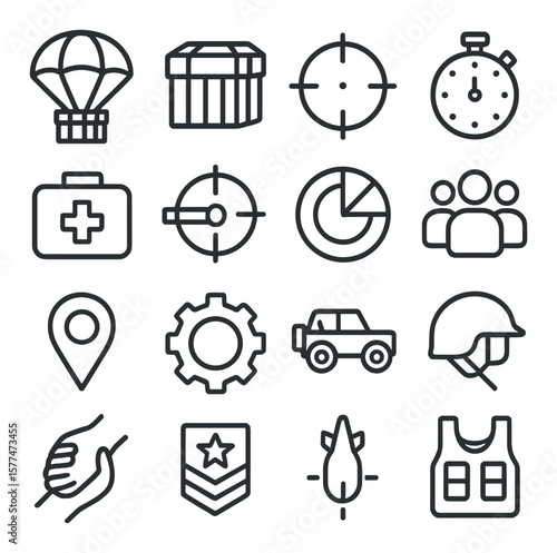 Battle royale game icon collection, tactical symbols. gaming and strategy set