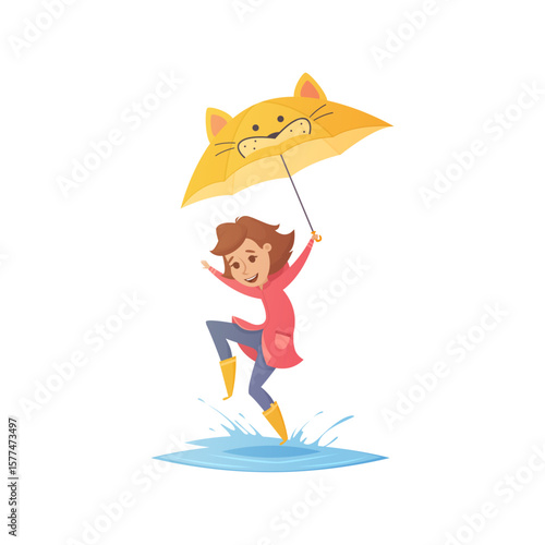 Joyful Splash Vector Illustration of Girl with Umbrella