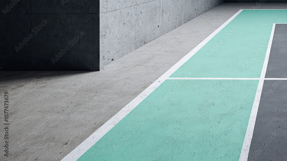 Fototapeta premium Badminton court lines painted freshly on raw concrete with paint roller beside captured under cool side lighting and high