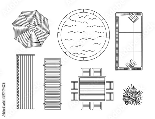 A drawing of a pool and patio with a variety of items including a chair, umbrella, and a bench. vector hand sketch style illustrations, landscape design icons isolated on transparent background