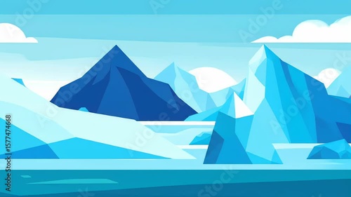 Arctic Landscape Animation: Blue Icebergs Floating in Cold Water with Clouds