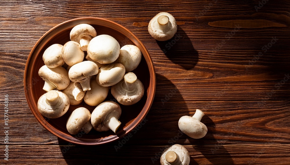 raw champignon mushrooms in brown ceramic bowl on wooden table background top view copy space hard light shadow raw champignon mushrooms in brown ceramic bowl on wooden table background top view copy space hard light shadow