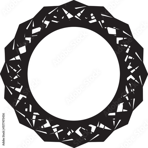 Abstract black and white circular border with geometric and shattered elements design