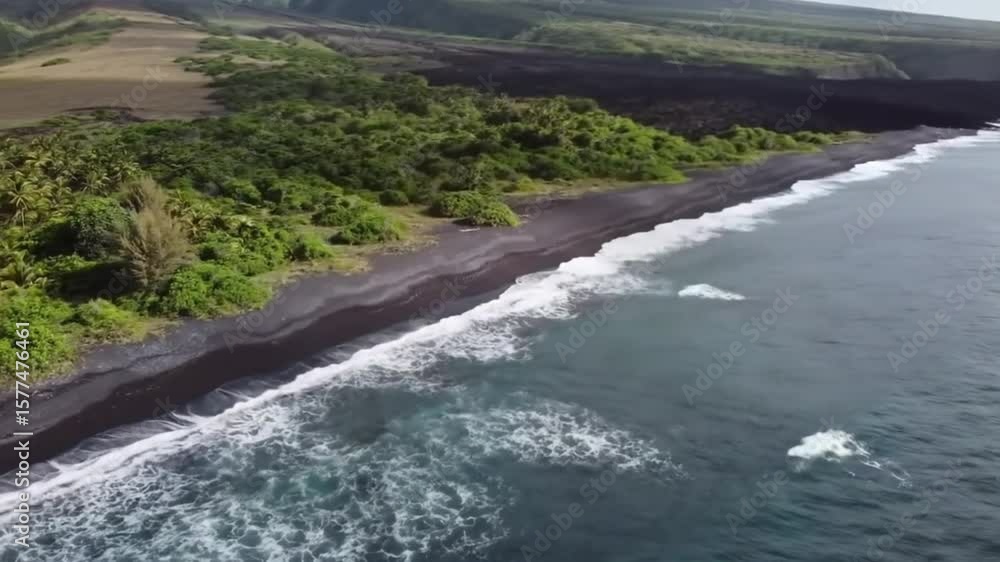 Aerial view of a black sand beach with lush green vegetation and ocean waves Aerial view of a black sand beach with lush green vegetation and ocean waves