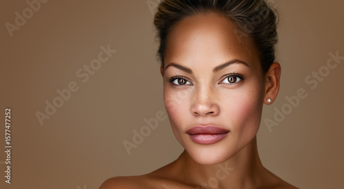 Photography Beauty portrait of african american woman with clean healthy skin on beige background