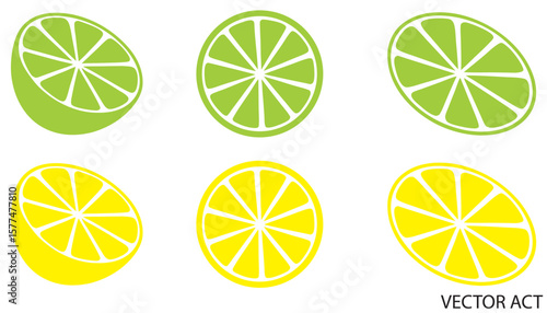 Lime and lemon cut slices vector set. Whole, half and slice chopped lemon fruit flat collection Vector illustration on white background