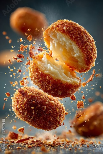 Golden-brown korokke, crunchy japanese potato croquette balls, with bite taken, surrounded by crumbs. Concept of korokke illustrates deliciousness and texture in culinary photography.