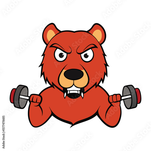 An angry bear head fiercely bites down on a heavy dumbbell, showcasing raw power and intensity, with snarling teeth and fierce eyes locked in a fierce grip.
