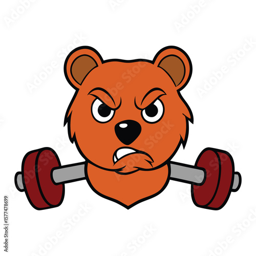 An angry bear head fiercely bites down on a heavy dumbbell, showcasing raw power and intensity, with snarling teeth and fierce eyes locked in a fierce grip.
