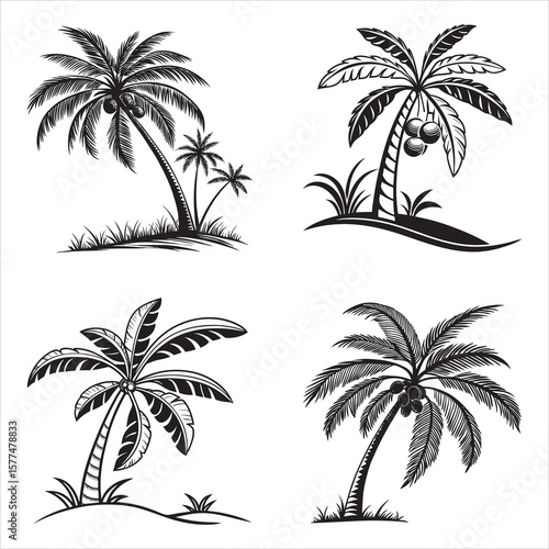 Silhouetted Palm Tree Illustrations Tropical Island Designs Beach Vacation Vibes Exotic Getaways Summer Paradise Palm Trees Coconuts Nature Art