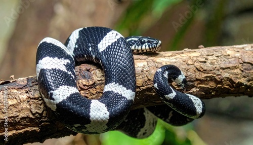 Striking Black and White King Snake Perched Elegantly on a Branch Displaying Natural Beauty