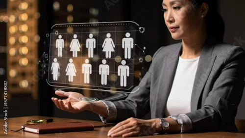 Executive Woman Managing Team with Futuristic Holographic HR Interface