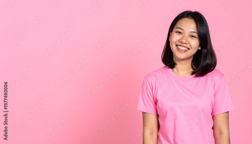 Fototapeta premium Happy woman smiling in pink shirt against pink background