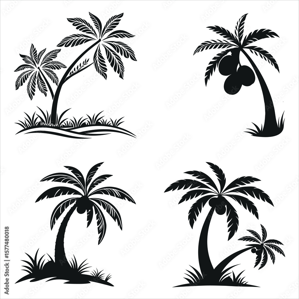 Monochrome Majesty A Collection of Coconut Palm Tree Silhouettes Showcasing Tropical Paradise and Coastal Serenity in Artistic Vector Graphics Monochrome Majesty A Collection of Coconut Palm Tree Silhouettes Showcasing Tropical Paradise and Coastal Serenity in Artistic Vector Graphics