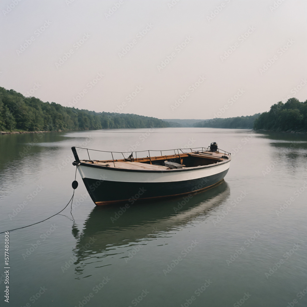 Boat anchored on calm river surrounded by trees in summer Boat anchored on calm river surrounded by trees in summer