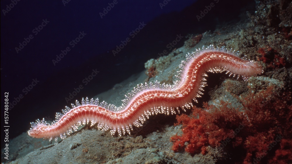 Fototapeta premium Pink sea creature on dark seabed