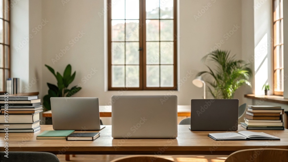 Fototapeta premium A cozy, well-lit workspace with three laptops on a wooden table, surrounded by books and green plants near large windows.