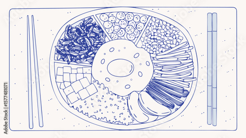 Illustration of a bibimbap bowl with assorted toppings and chopsticks on a rectangular surface