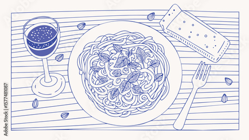 Illustration of pasta dish with wine glass and cracker box on a wooden table top view style