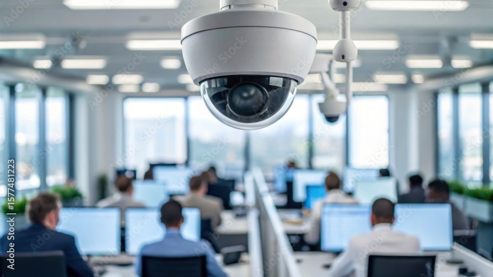 Fototapeta premium A security camera monitors an office environment where employees work at desks with computers in a modern, well-lit workspace.