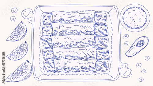 Illustration showing a tray of enchiladas with sides of rice, avocado, and sliced lemons drawn in blue