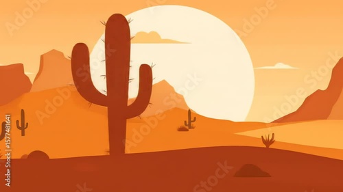 Animated Desert Sunset Landscape with Cacti and Mountains