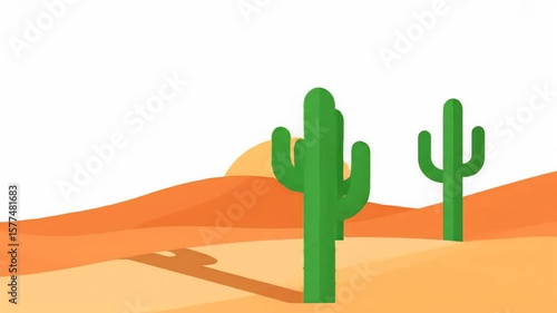 Desert Landscape Animation: Two Cacti Silhouetted Against Rising Sun and Shifting Sand Dunes