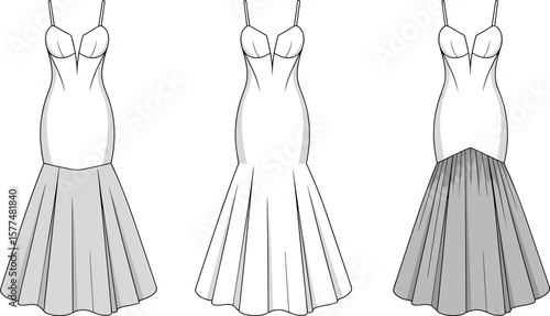 CAD drawing flat vector illustration of elegant mermaid gown fashion design, technical sketch, bridal dress, evening wear template