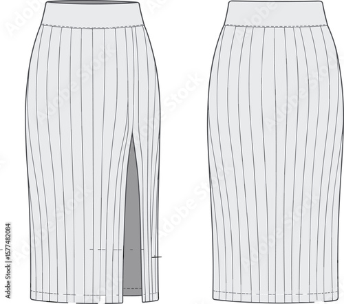Elegant pencil skirt flat CAD technical drawing, front and back view, with slit detail, fashion vector illustration, sewing template