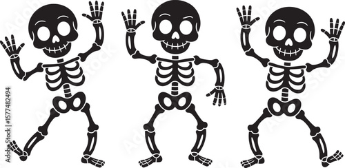 Cute Dancing Skeletons Vector Set – Fun Halloween Cartoon Characters in Black and White Silhouette