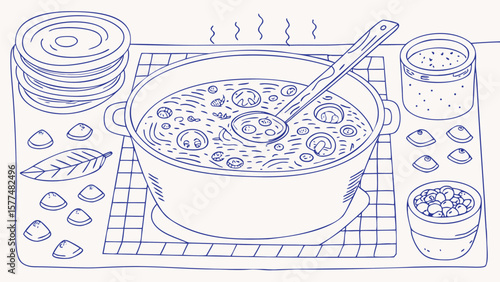 A cartoon illustration of a pot of soup with a ladle on a table with dishes and ingredients