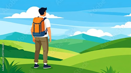 Animated Hiker with Backpack Overlooking Green Hills and Blue Sky Landscape