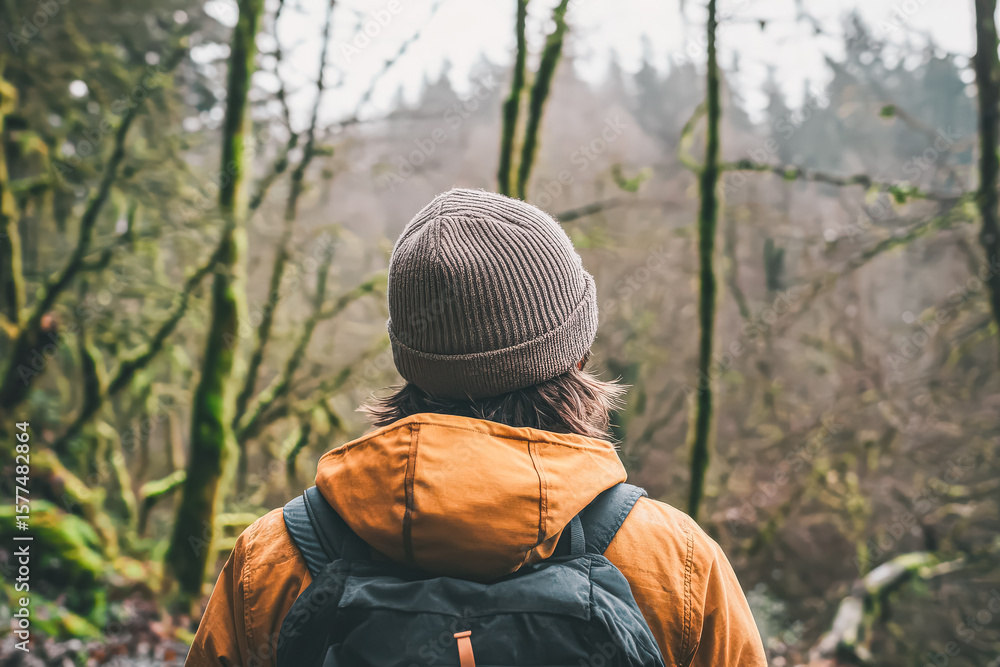 Naklejka premium Man wearing a brown hat and orange jacket is standing in a forest. He is wearing a backpack and has his hands in his pockets. Scene is peaceful and serene, as the man is surrounded by nature