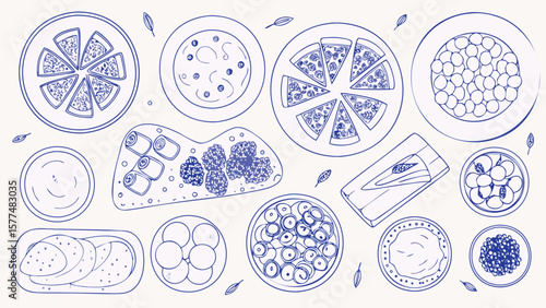 Outlined dishes with pizza, pancakes, rolls, and various toppings in a blue ink style drawing