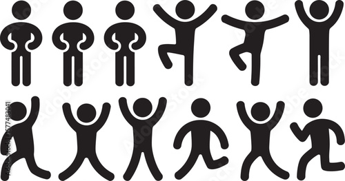 Human Poses Silhouette Icon Set – Vector Stick Figures in Various Standing, Walking, and Dancing Positions