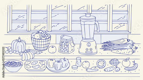 Illustration of a kitchen counter with a variety of fruits, vegetables, and kitchen appliances displayed