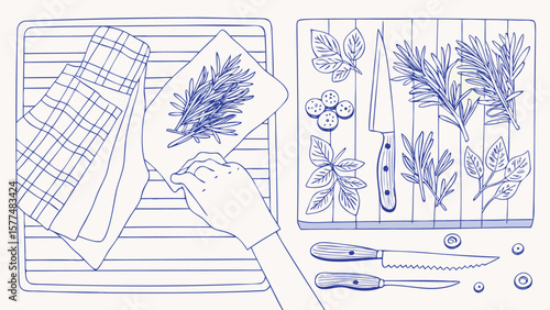 Overhead view of herbs and kitchen tools arranged on a cutting board and baking sheet design is clean 100