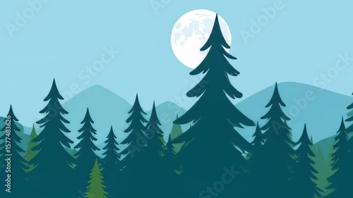 Animated Forest Scene with Moon, Trees, and Mountains in a Stylized Landscape