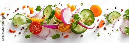 Colorful Salad Ingredients Float on a White Background Creating a Vibrant and Fresh Culinary Display With Various Vegetables and Herbs