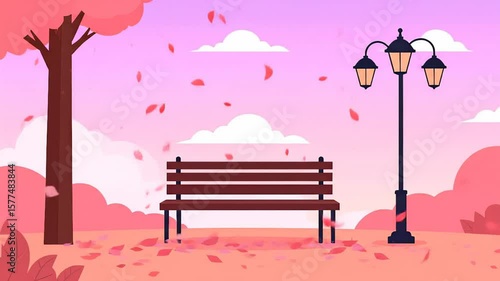 Serene Park Scene with Falling Leaves, Bench, and Vintage Streetlight in Pink Hues
