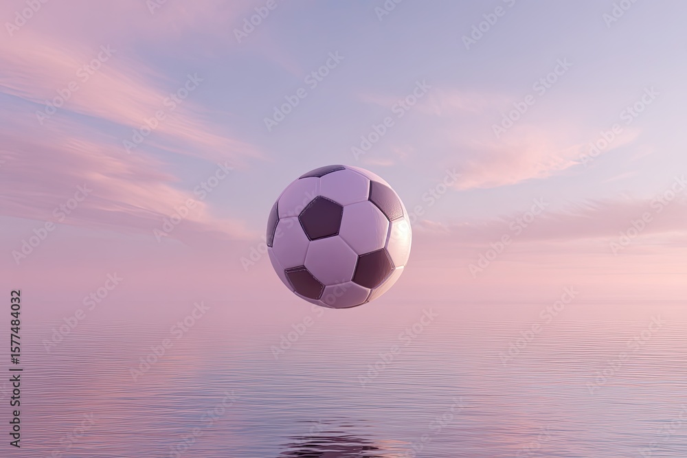 Fototapeta premium Football floating a glass lake at dusk soft reflections and pink-purple gradient sky cinematic wide-angle depth and dreamy haze