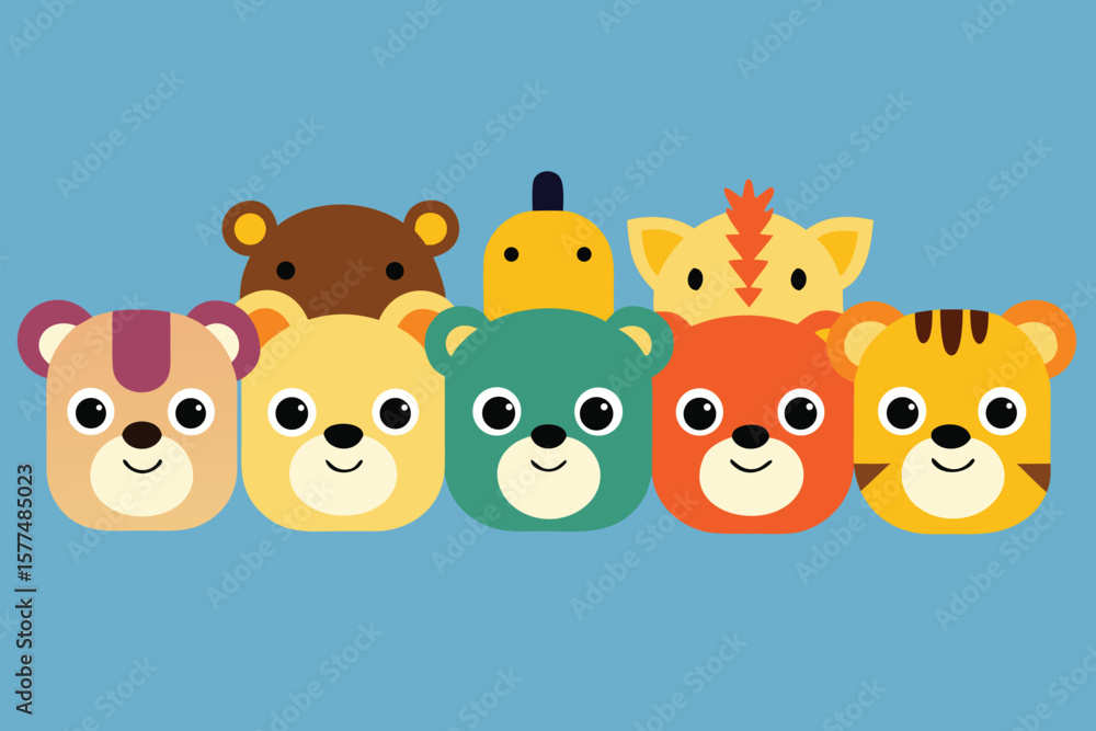 Naklejka premium Adorable Cartoon Animal Faces Cute Bear, Tiger, Cat Illustrations